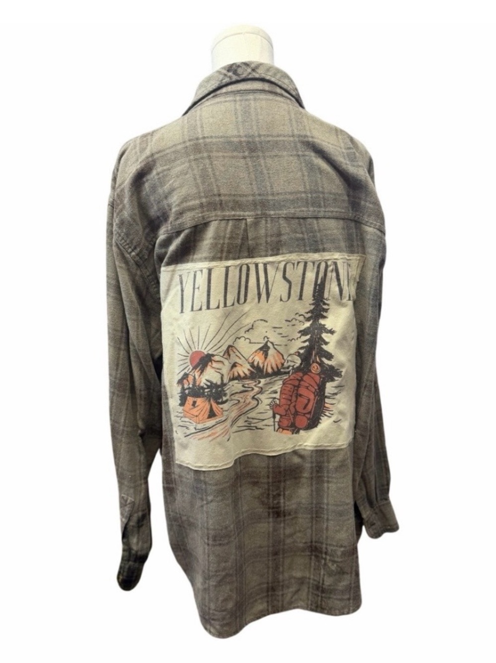 Yellow stone park upcycled custom flannel shirt graphic tee on back bespoke